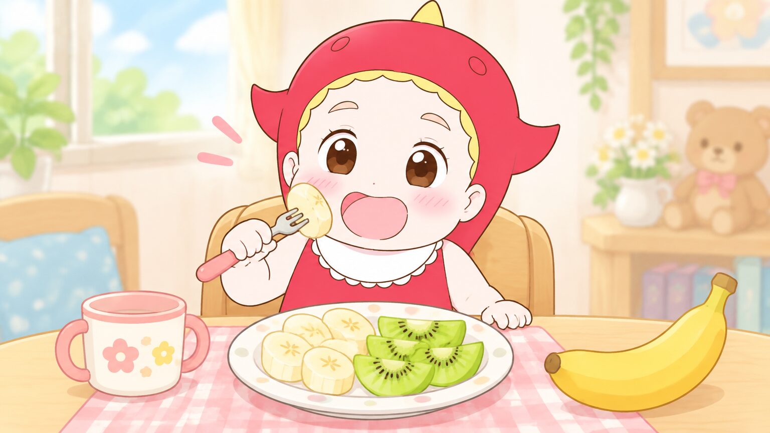 子ども用の小さなフォークとお皿に盛られたカットされたバナナとキウイフルーツの朝食風景