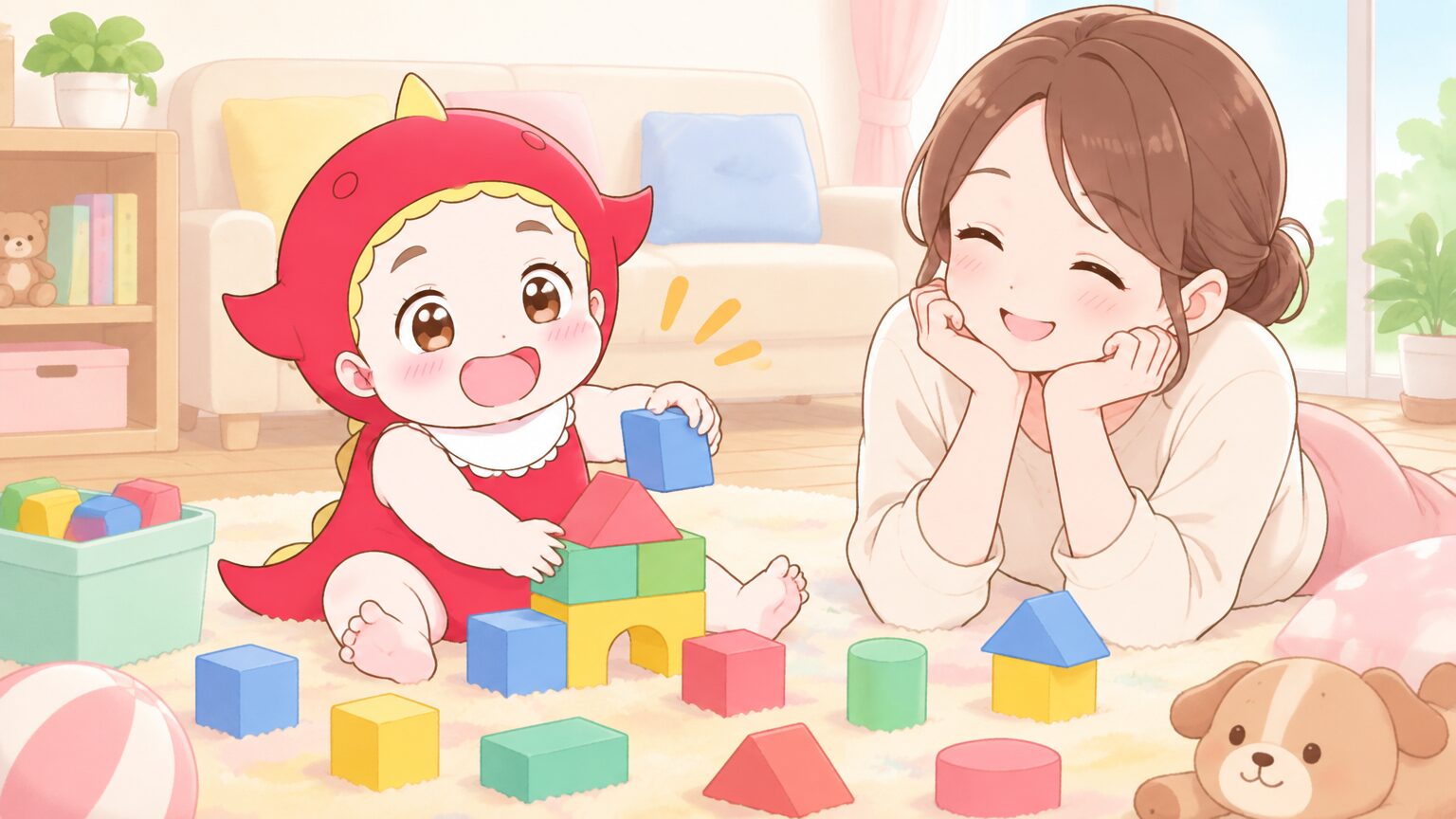 リビングのラグの上で元気にブロック遊びをする3歳くらいの子どもと、その様子を優しく見守る母親