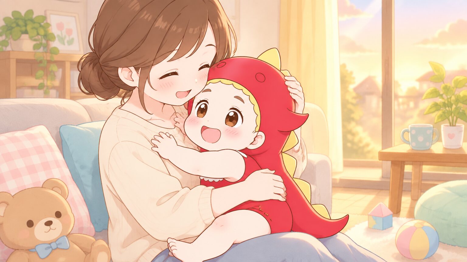 夕方の柔らかな光が差し込むリビングで、母親が3歳児をやさしく抱きしめて話しかけているシーン