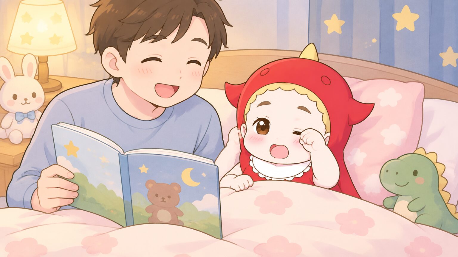 寝室で絵本を読み聞かせる父親と、布団の中で眠そうに目をこすりながら聞く3歳児