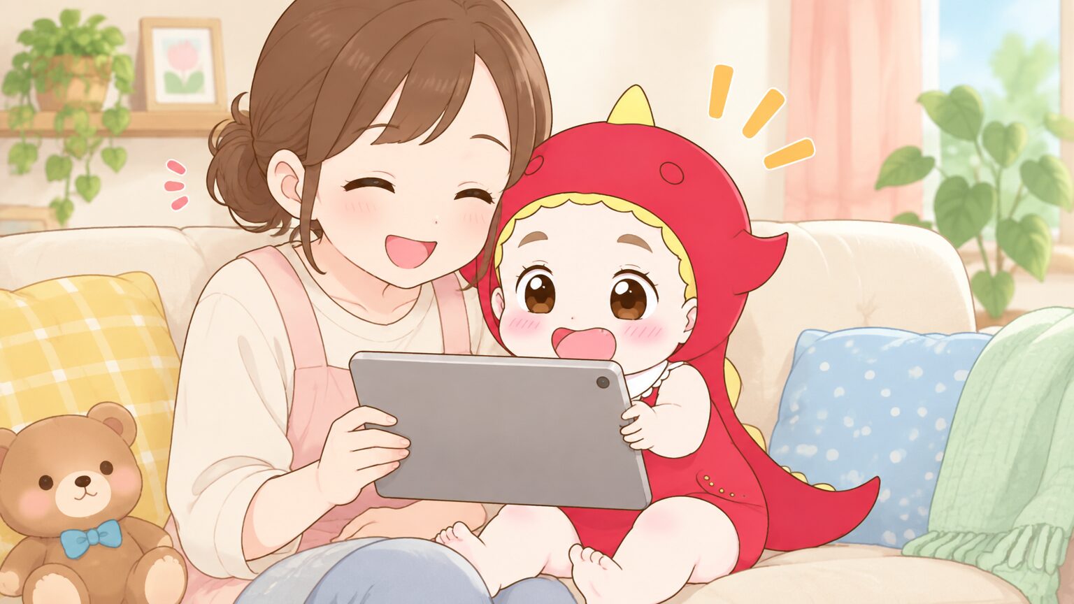 リビングのソファで母親と2歳の子どもが一緒にタブレットを覗き込みながら笑顔で動画を見ている温かい雰囲気のシーン