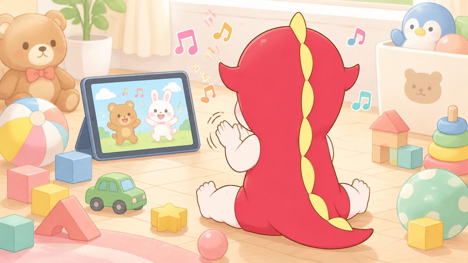 フローリングの床に座ってカラフルなおもちゃに囲まれながらタブレットで歌に合わせて手を叩いている2歳児の後ろ姿