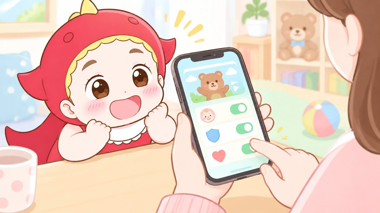 スマートフォンで子ども向け動画アプリの設定画面を操作している保護者の手元のアップ