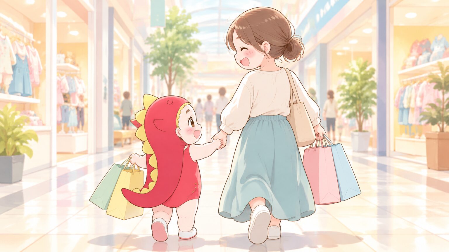西松屋とバースデイの買い物袋を両手に持ち、笑顔で並んで歩く20代後半のママと1歳児の後ろ姿、明るい日差しの中のショッピングモール