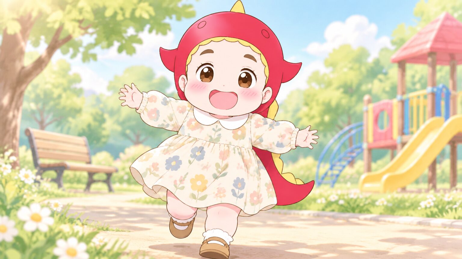 バースデイで購入した北欧テイストのワンピースを着た2歳児の女の子が、公園でにっこり笑っている姿、自然光の柔らかい雰囲気