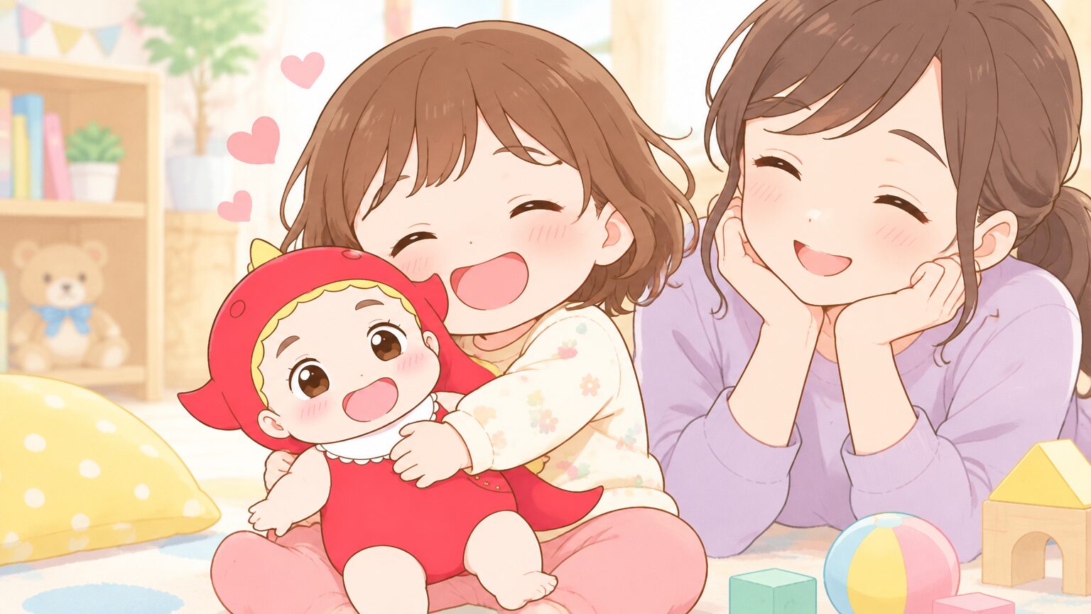 お気に入りのキャラクターぬいぐるみを抱きしめて笑う3歳くらいの子どもと、横で優しく見守るお母さんの温かい日常風景