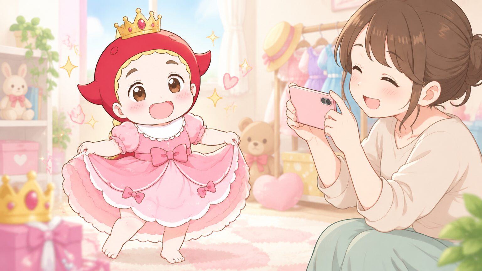 ピンクのドレスを着てプリンセスごっこを楽しむ3歳の女の子と、笑顔で写真を撮るお母さんの優しい表情