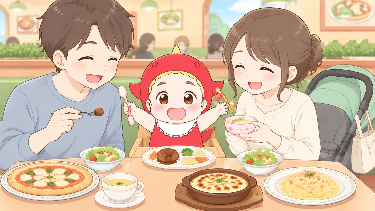 サイゼリヤの店内でベビーカーを横に置き、家族で楽しそうに食事をする若い夫婦と赤ちゃんの様子