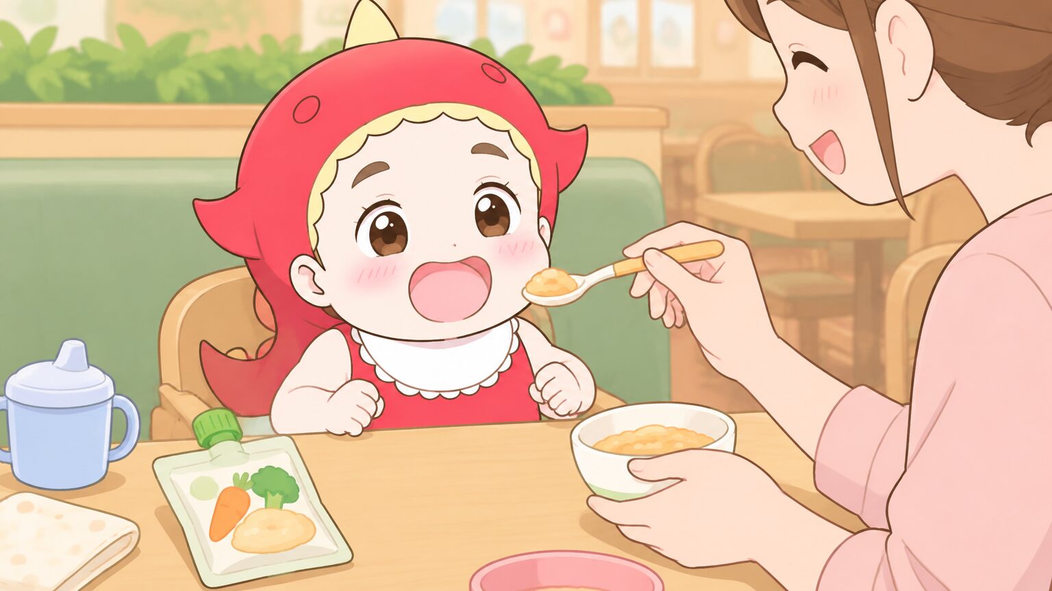 レトルトの離乳食パックとスプーンをテーブルに並べ、赤ちゃんに食事をあげる母親の手元