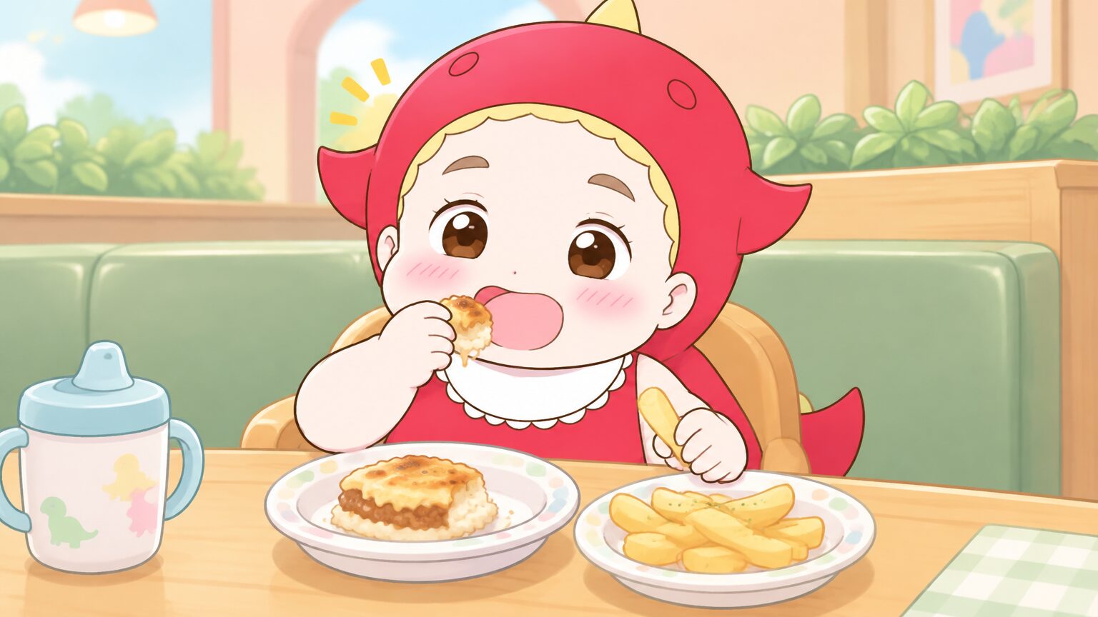 取り皿に少しずつ盛られたミラノ風ドリアとポテトを、手づかみで楽しそうに食べる2歳くらいの子ども