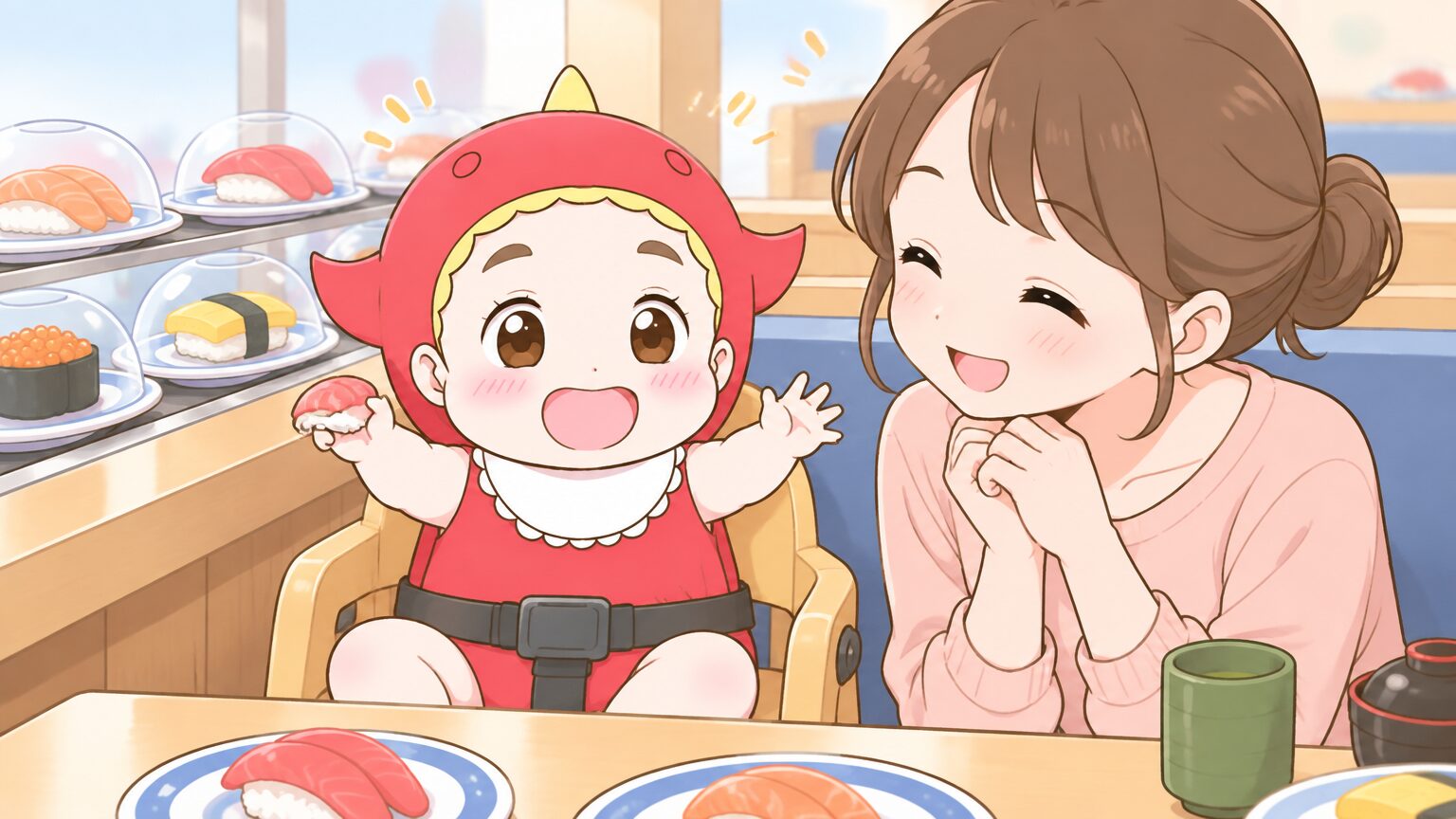 くら寿司の店内でベルト付きの子供椅子に座る1歳児と、隣で見守る母親の温かい様子