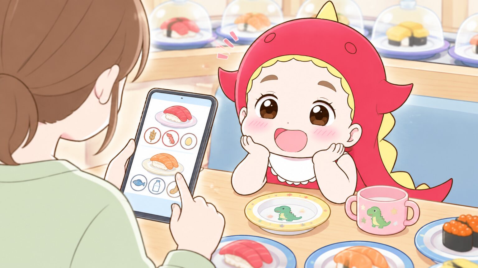 スマートフォンでアレルゲン確認ページを見ながらメニューを選ぶ親の手元、テーブルには子供用の取り皿