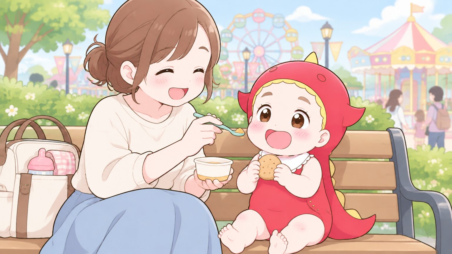 ベンチで離乳食を食べさせる母親と、おやつを手にした2歳の子どもの和やかな様子