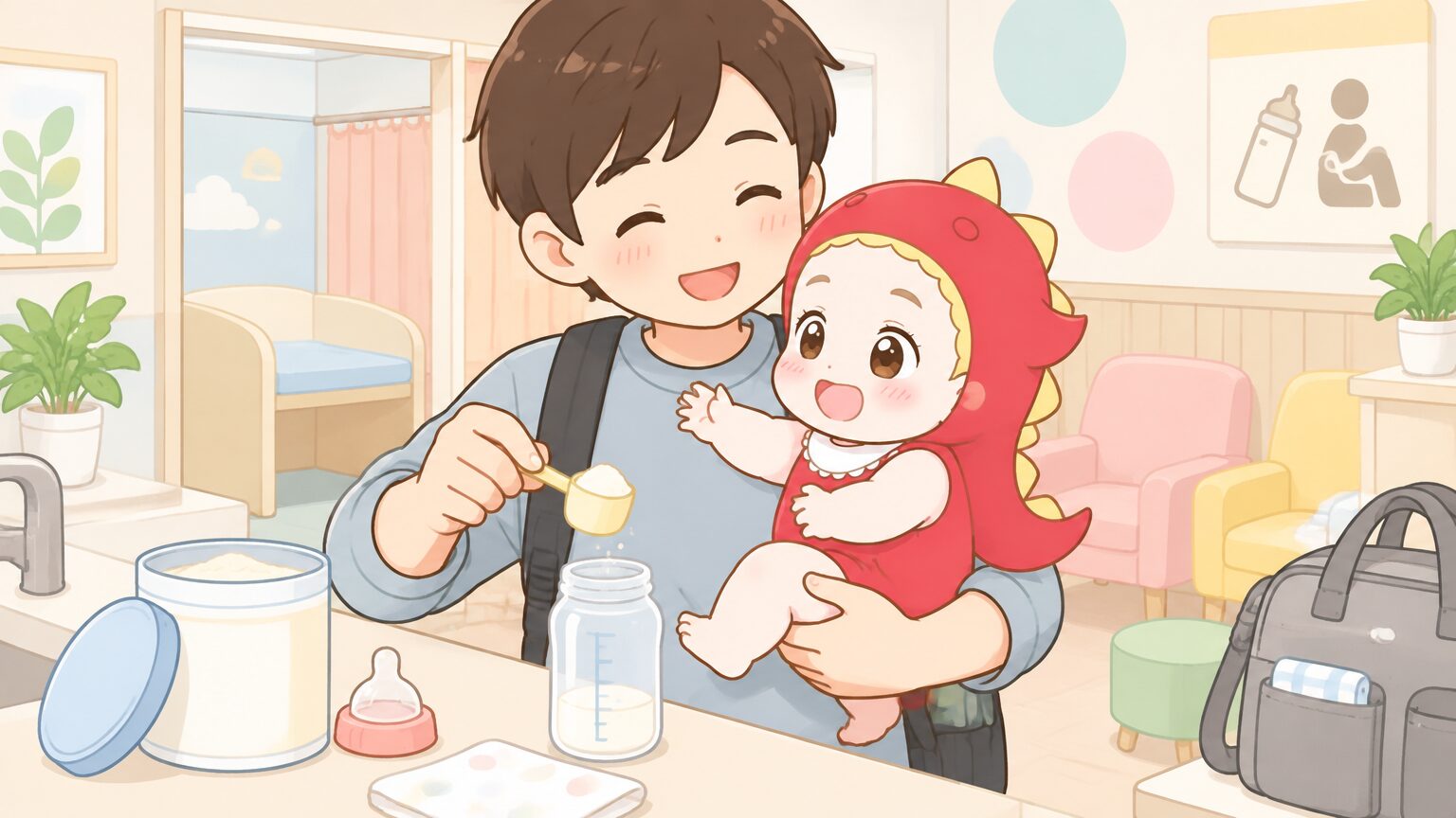 清潔感のあるファミリーサービス施設で赤ちゃんを抱っこしながらミルクを準備する父親