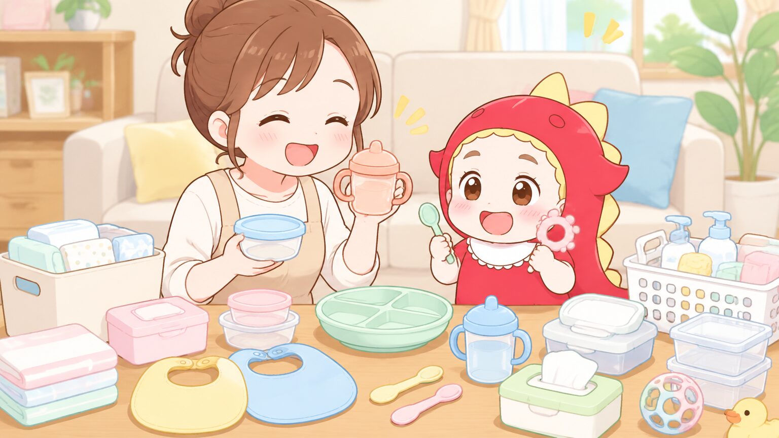明るいリビングで100均の育児グッズを並べて笑顔で見比べているママと赤ちゃん