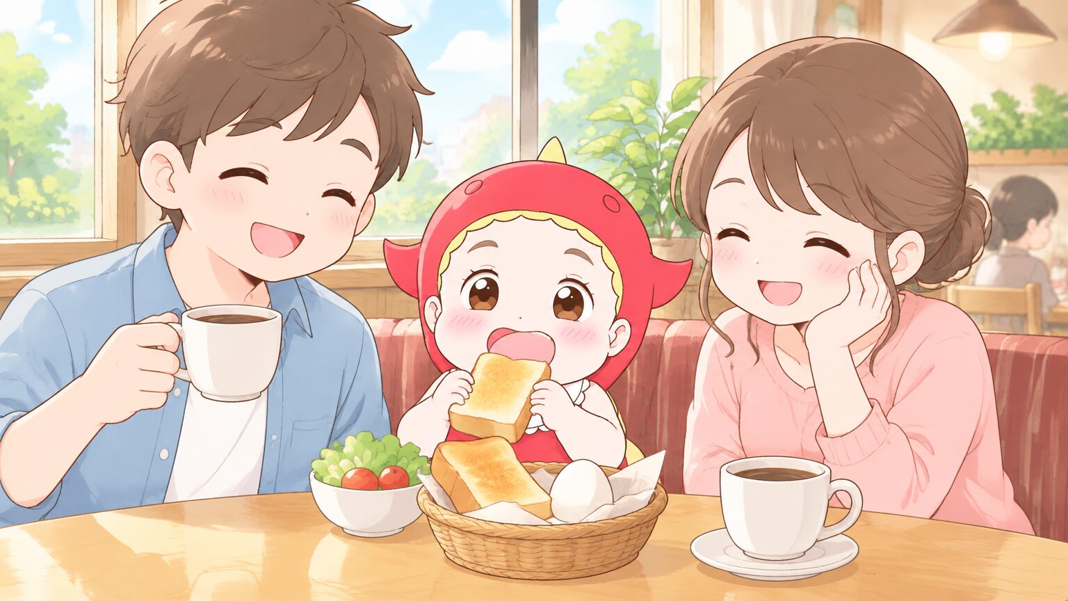 明るいカフェの窓際テーブルでトーストとゆで卵のモーニングセットを前にした幼児と両親