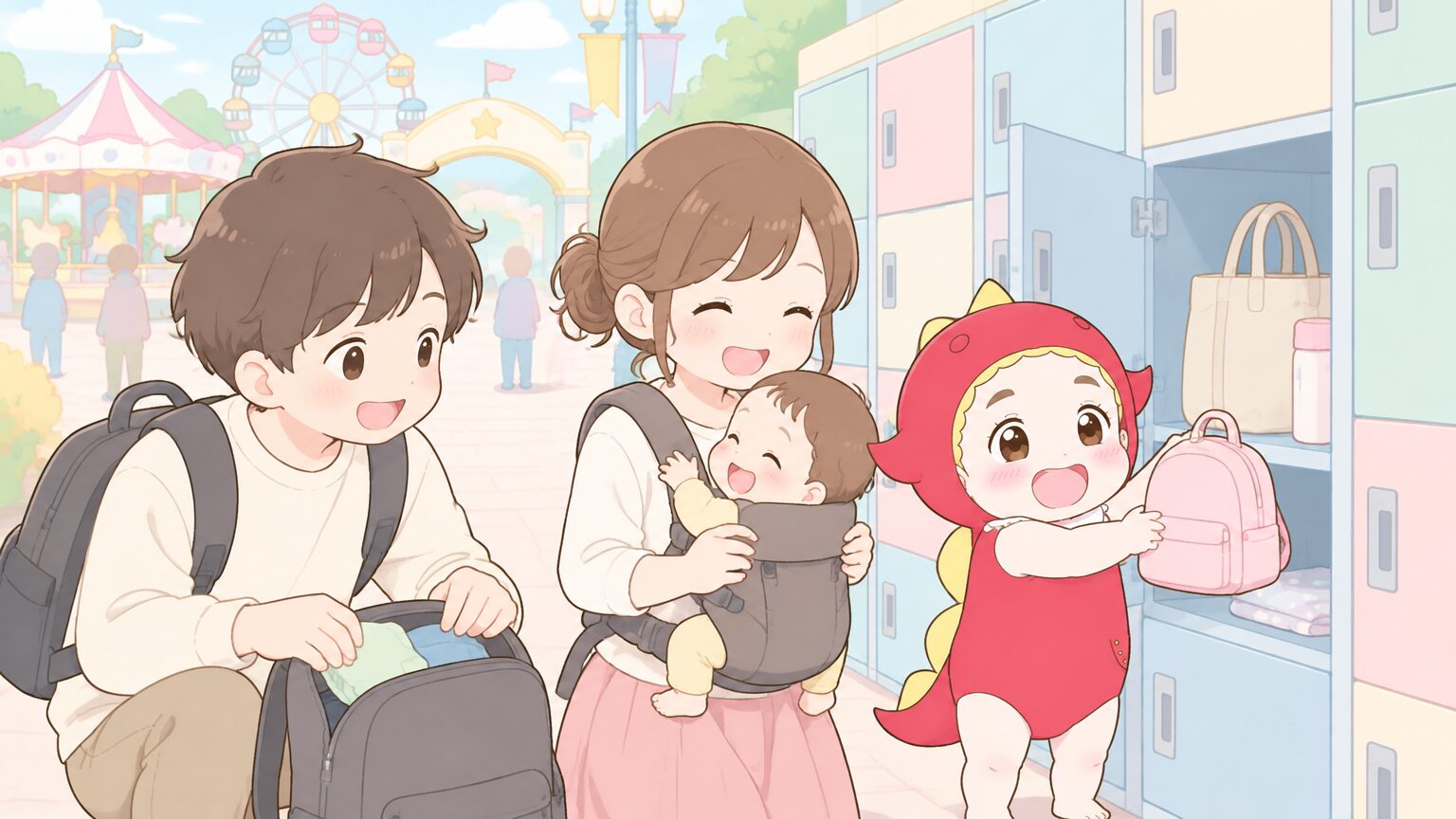 テーマパークのロッカー前で荷物を整理する若い夫婦と抱っこ紐の赤ちゃん