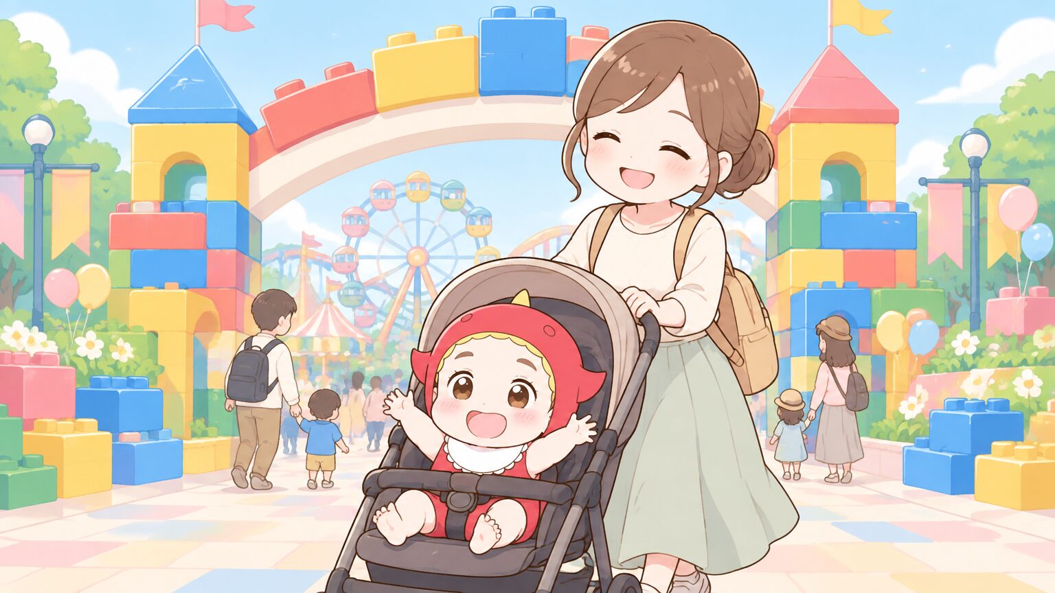 カラフルなレゴブロックで彩られたテーマパークの入口でベビーカーを押しながら笑顔で歩く20代後半の母親と赤ちゃん