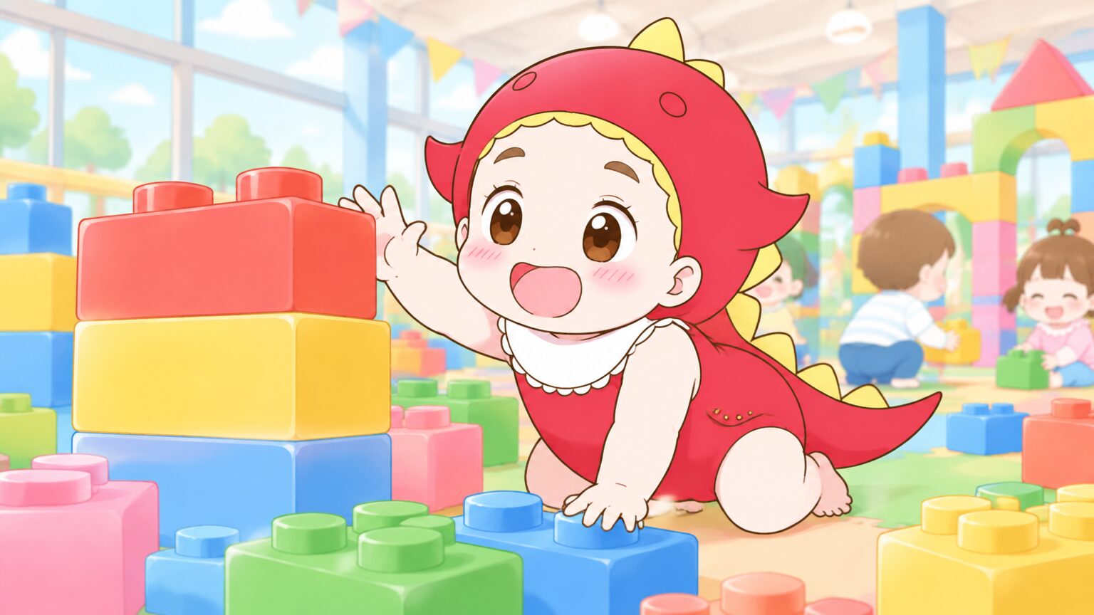 屋根付きの明るい遊び場で大きなレゴデュプロのブロックに夢中で手を伸ばす1歳くらいの赤ちゃん