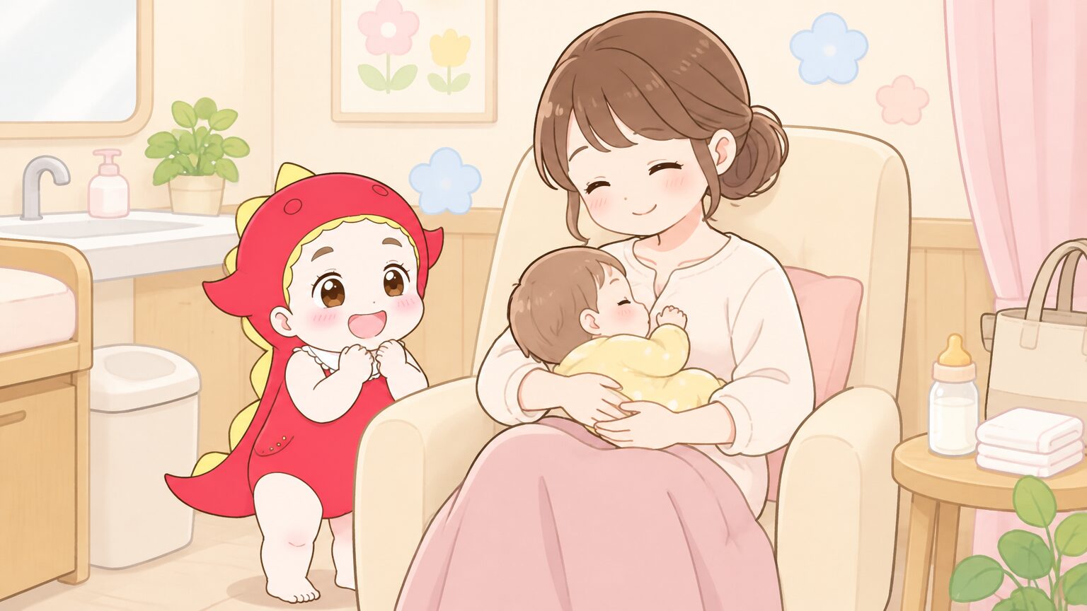 清潔で明るい授乳室の個室でゆったりとしたソファに座り赤ちゃんを抱く母親の落ち着いた様子