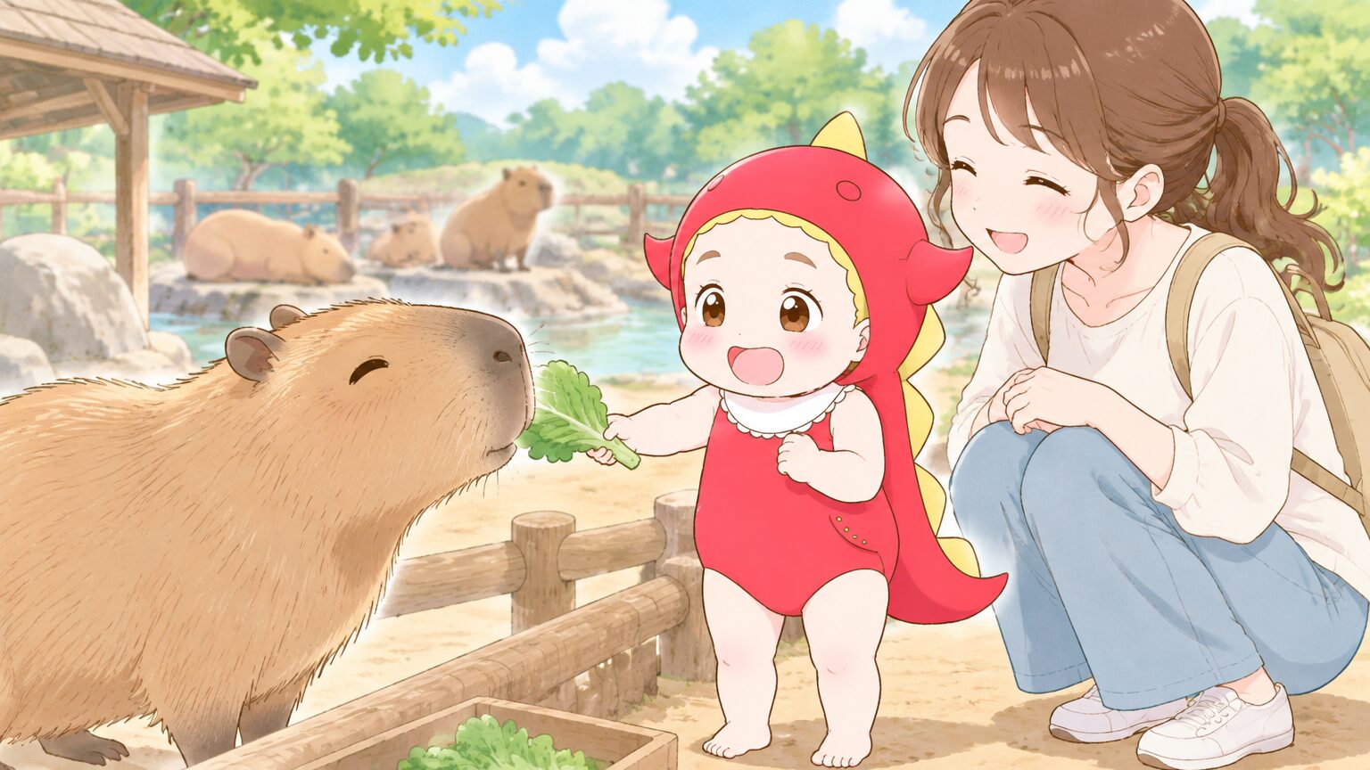 カピバラに葉物野菜を優しく差し出す3歳くらいの女の子と、隣で見守る母親の温かい表情