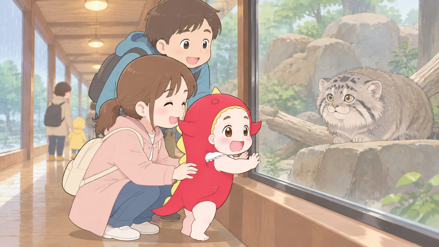 屋根付きの回廊を歩きながら窓越しにマヌルネコを覗き込む親子連れの様子、雨の日の落ち着いた館内の雰囲気