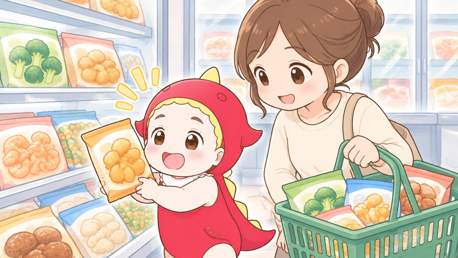 業務スーパーの冷凍食品売り場で買い物カゴを持ちながら商品を選ぶ子連れの母親