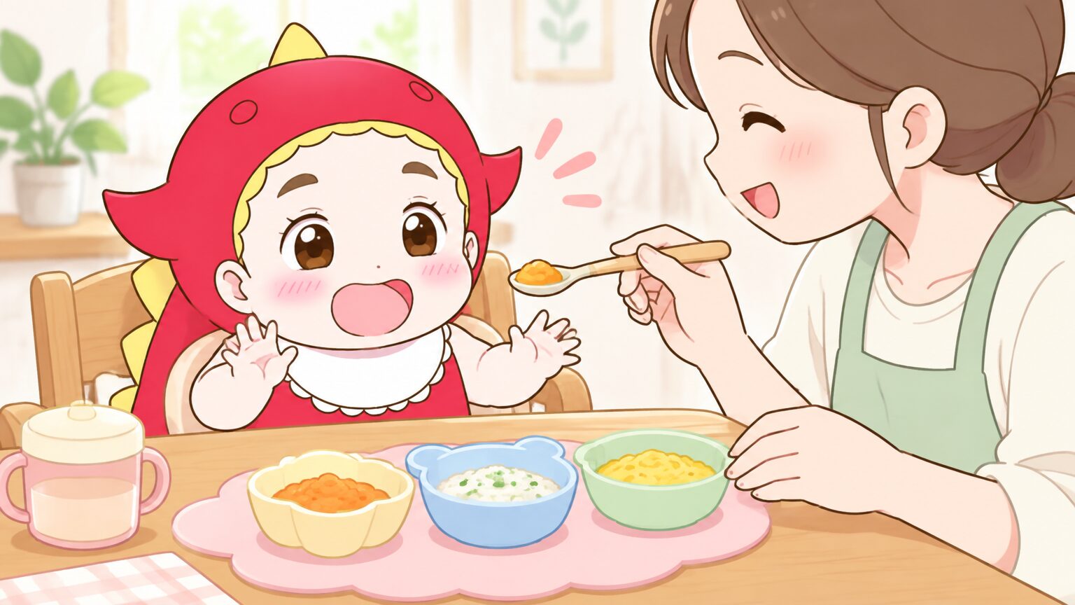 木製の食卓に並んだ離乳食の小皿と、赤ちゃん用スプーンを持つ親の手元