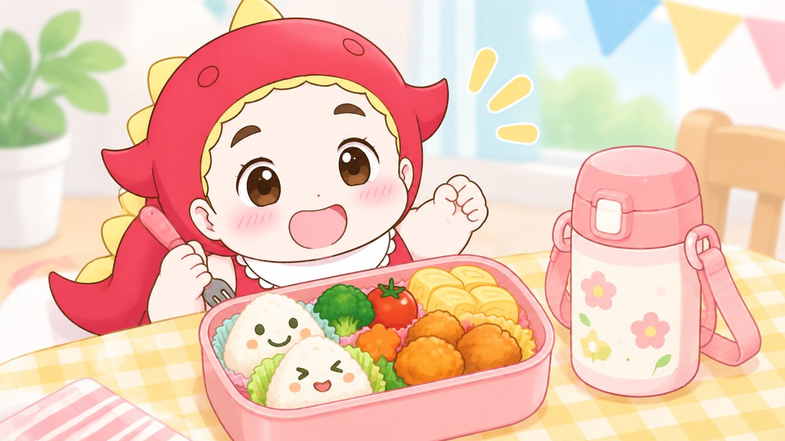 お弁当箱に詰められた色鮮やかな子ども用ランチと、その横に置かれた小さな水筒