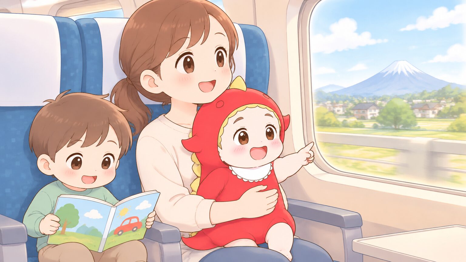 新幹線の座席で赤ちゃんを抱っこしながら窓の外を眺める母親と、隣で絵本を見る幼児の様子