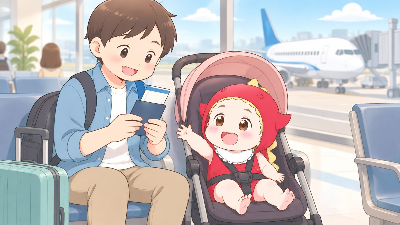 空港の待合スペースでベビーカーに乗った1歳児と、搭乗券を確認する父親の親子2人の姿