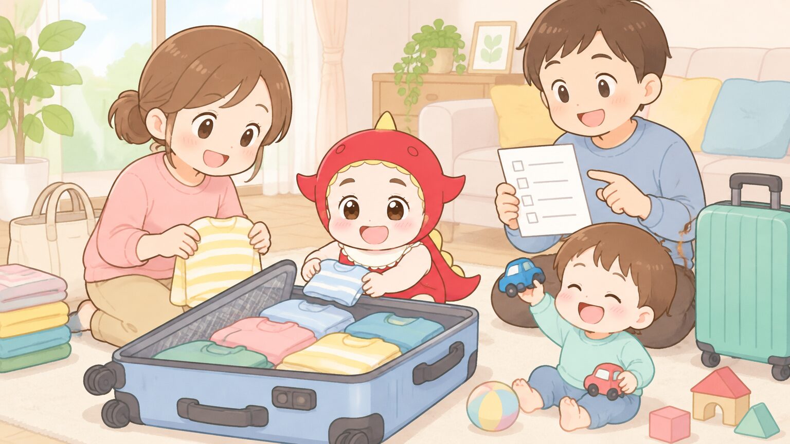 リビングで帰省用の荷物をチェックリストと共に準備する両親と、そばで遊ぶ幼児の家族の様子
