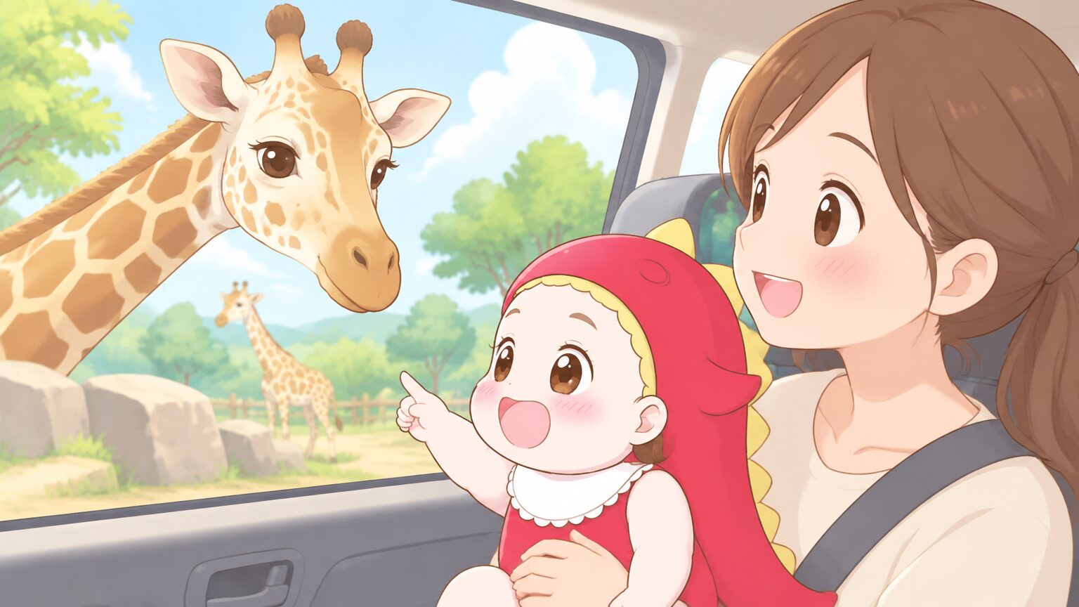 サファリパークの車内からキリンを見つめる笑顔の赤ちゃんと母親