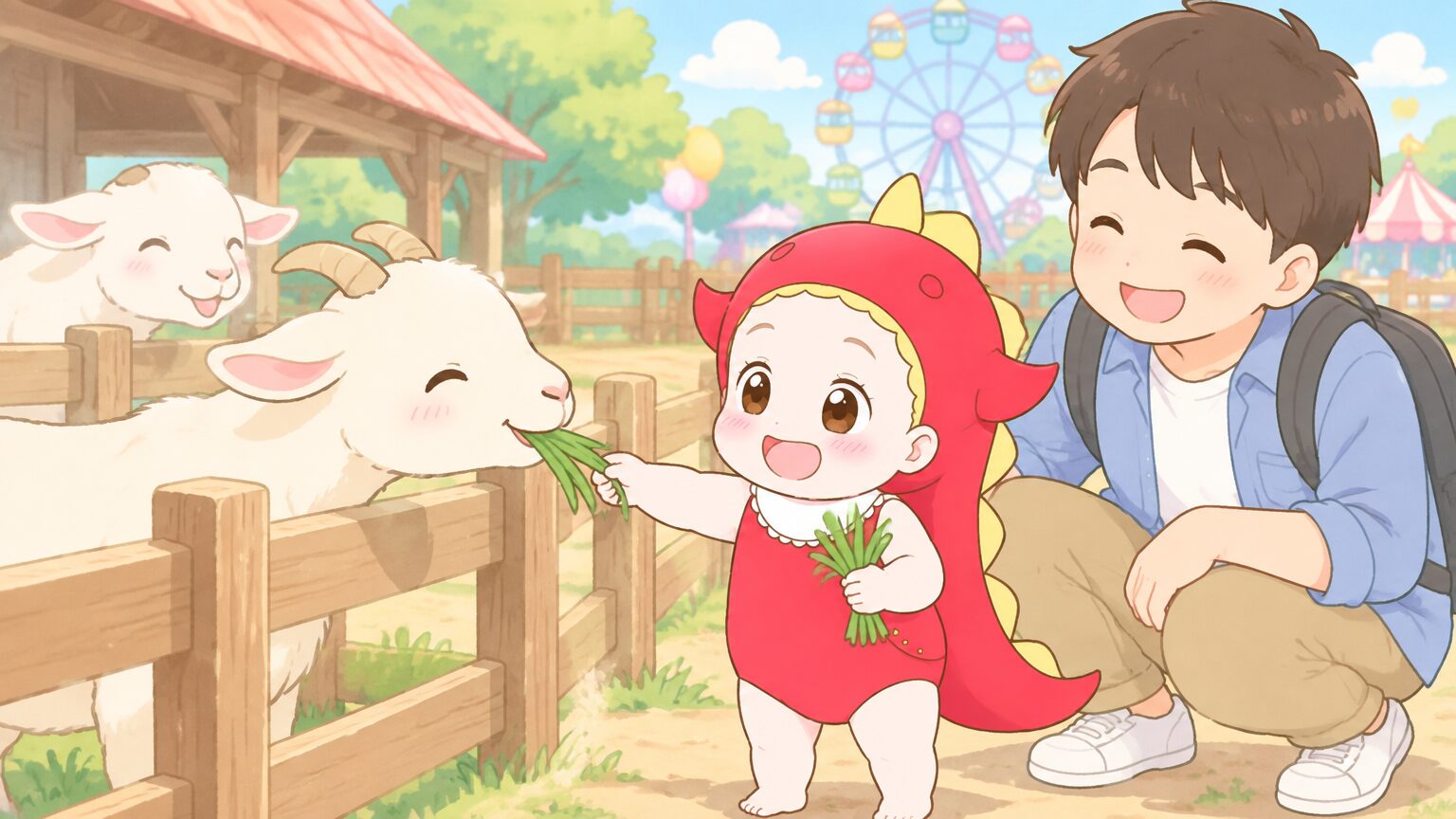 ふれあい広場でヤギに餌をあげる2歳くらいの子どもと見守る父親