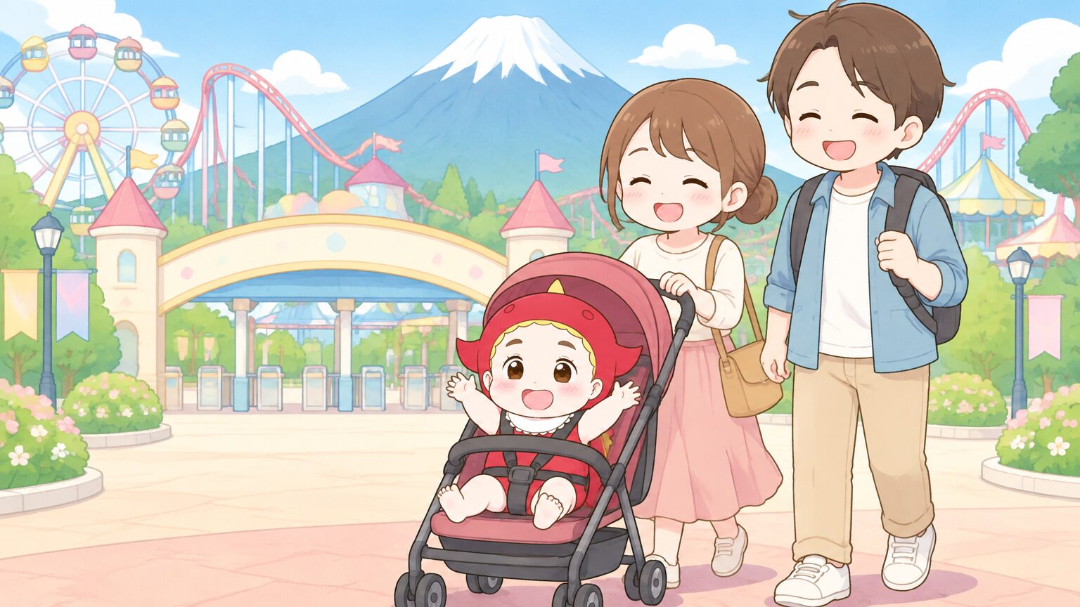 富士山を背景にしたテーマパーク入口で、ベビーカーを押しながら笑顔で歩く家族