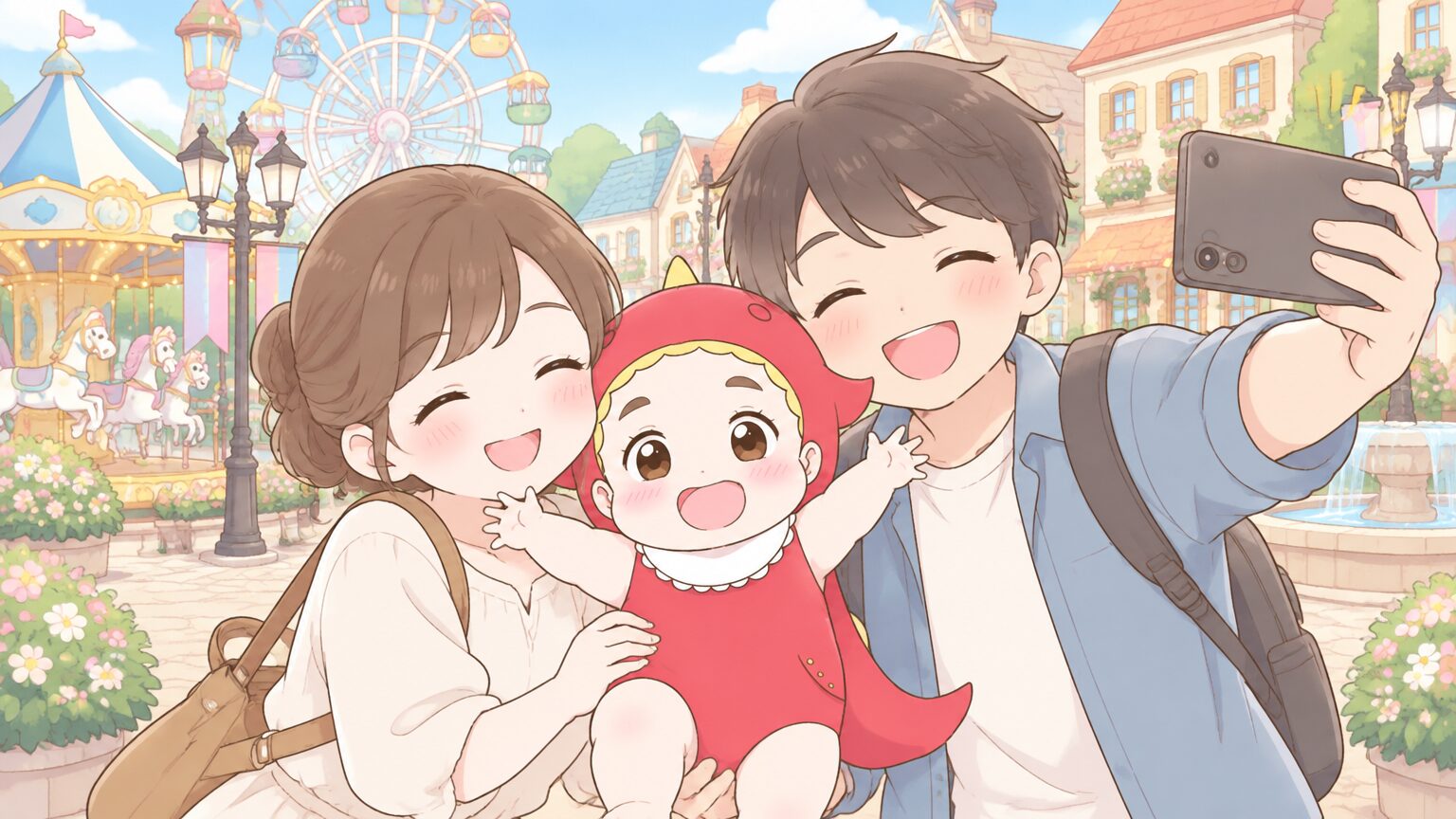 フランス風の街並みが広がるテーマパークエリアで、幼児と一緒に記念撮影を楽しむ両親