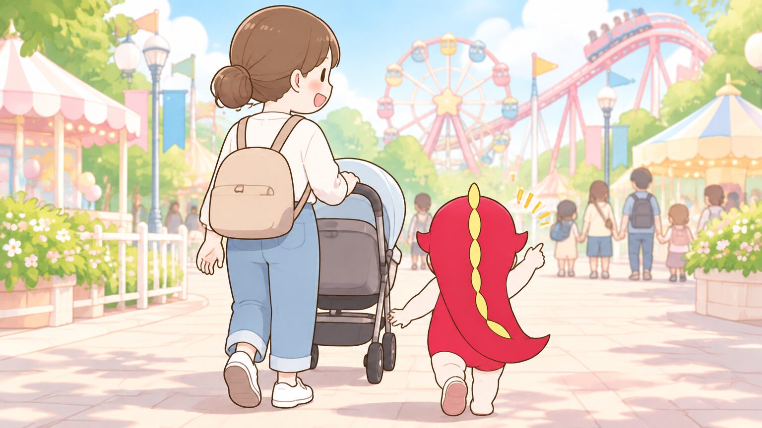 遊園地の通路をベビーカーを押しながら歩く母親と、隣を歩く幼い子どもの後ろ姿