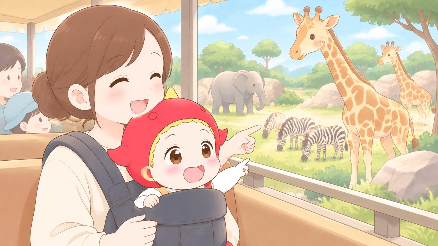 抱っこ紐で赤ちゃんを抱いた母親がケニア号の車窓から動物を眺める様子