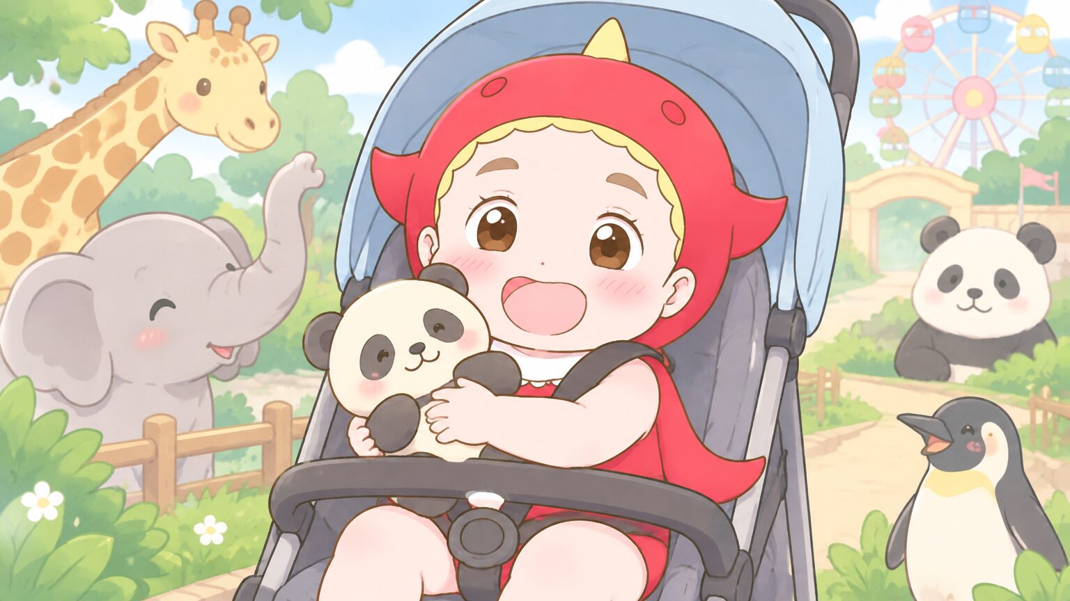 動物のぬいぐるみを抱いた幼児がベビーカーに座って笑顔を見せている場面