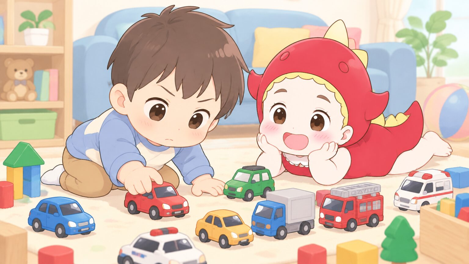 リビングでパウ・パトロールやトミカのおもちゃを並べて夢中になって遊ぶ3歳の男の子の真剣な表情