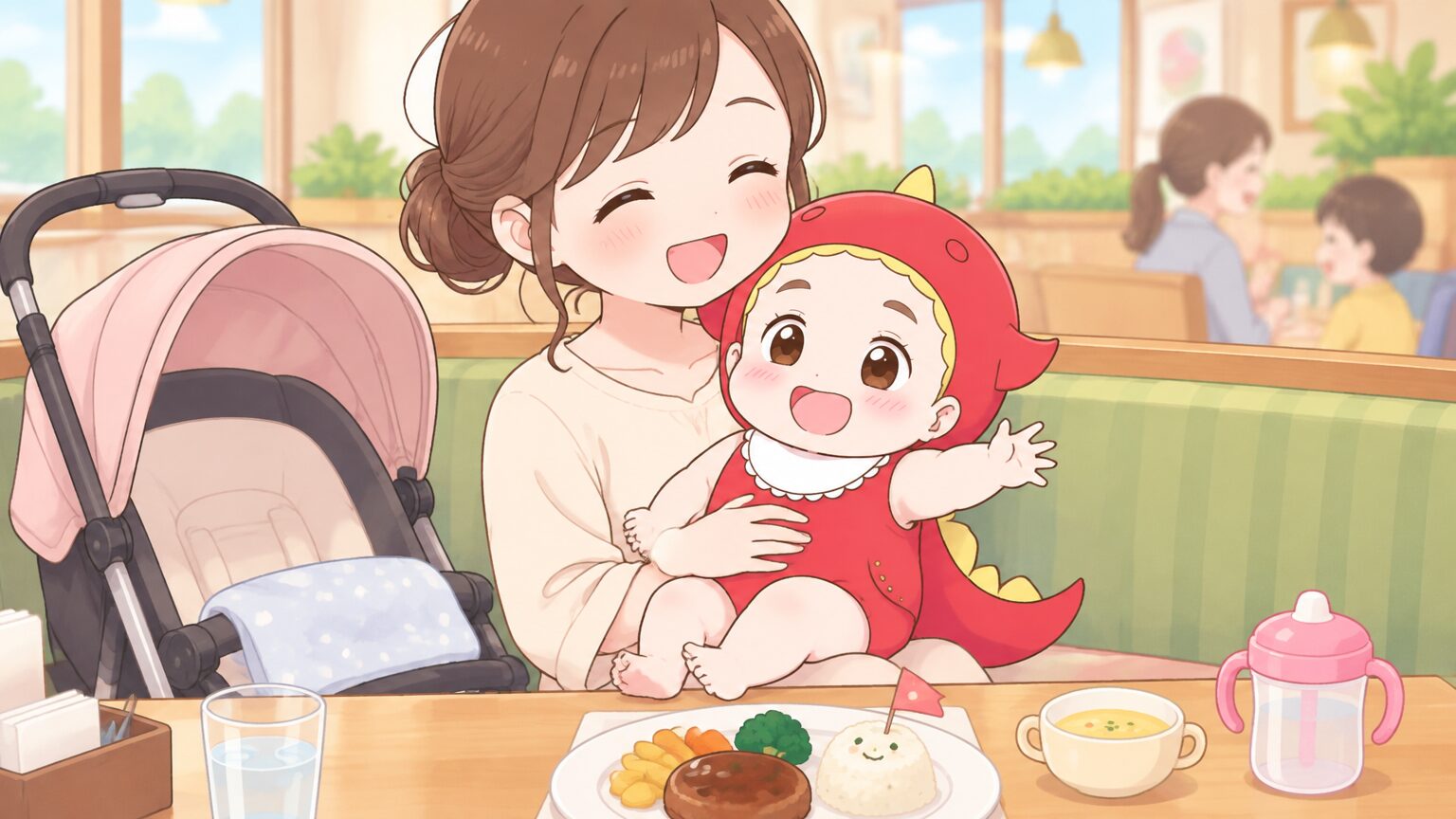 ファミレスのテーブル席でベビーカーを横に置き、赤ちゃんを抱っこして微笑む母親