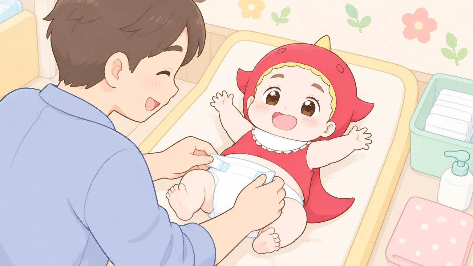 おむつ替えシートの上で赤ちゃんのおむつを優しく替える父親の手元