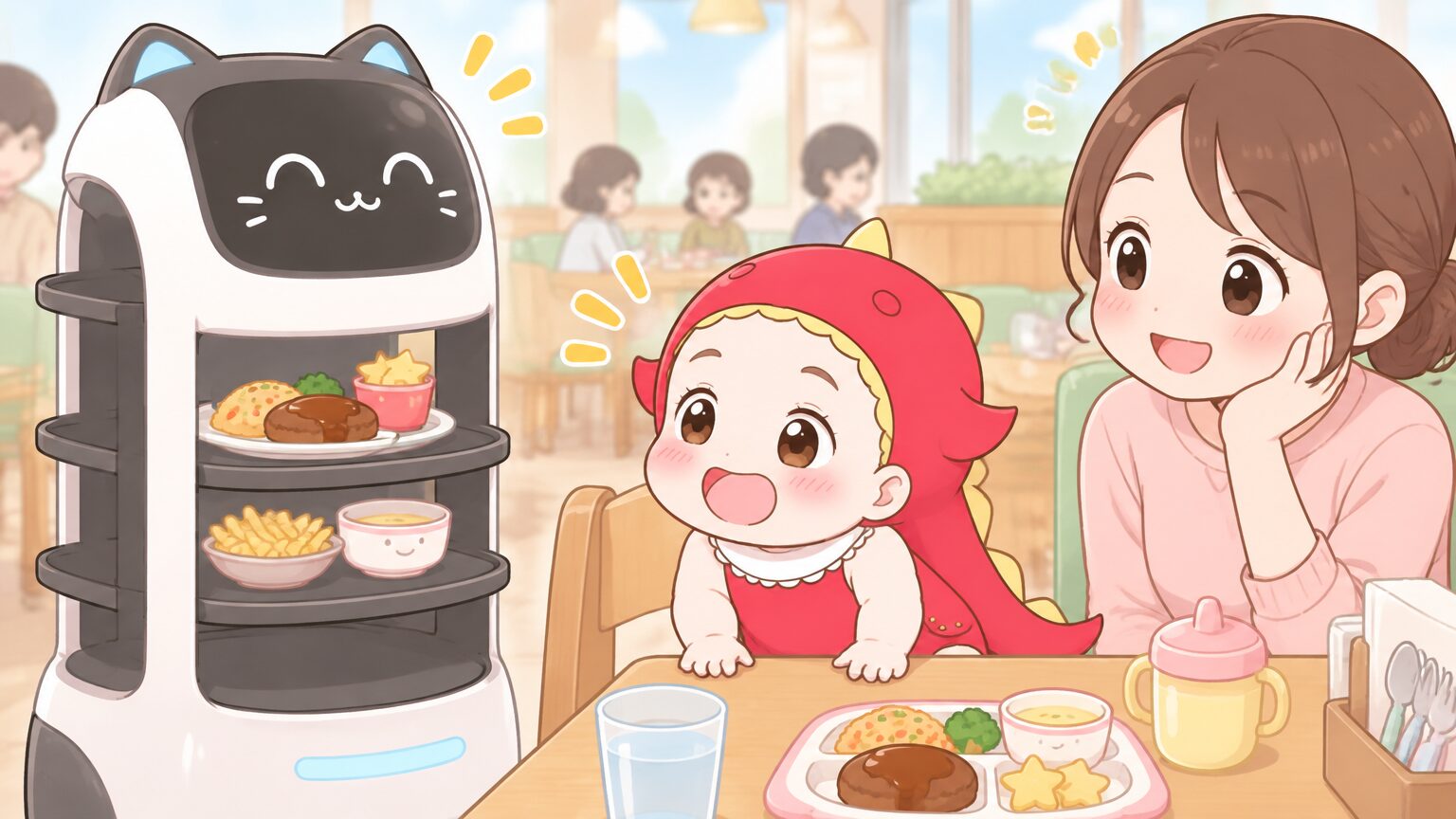 猫型配膳ロボットに興味津々な様子で見つめる幼児と隣で見守る母親