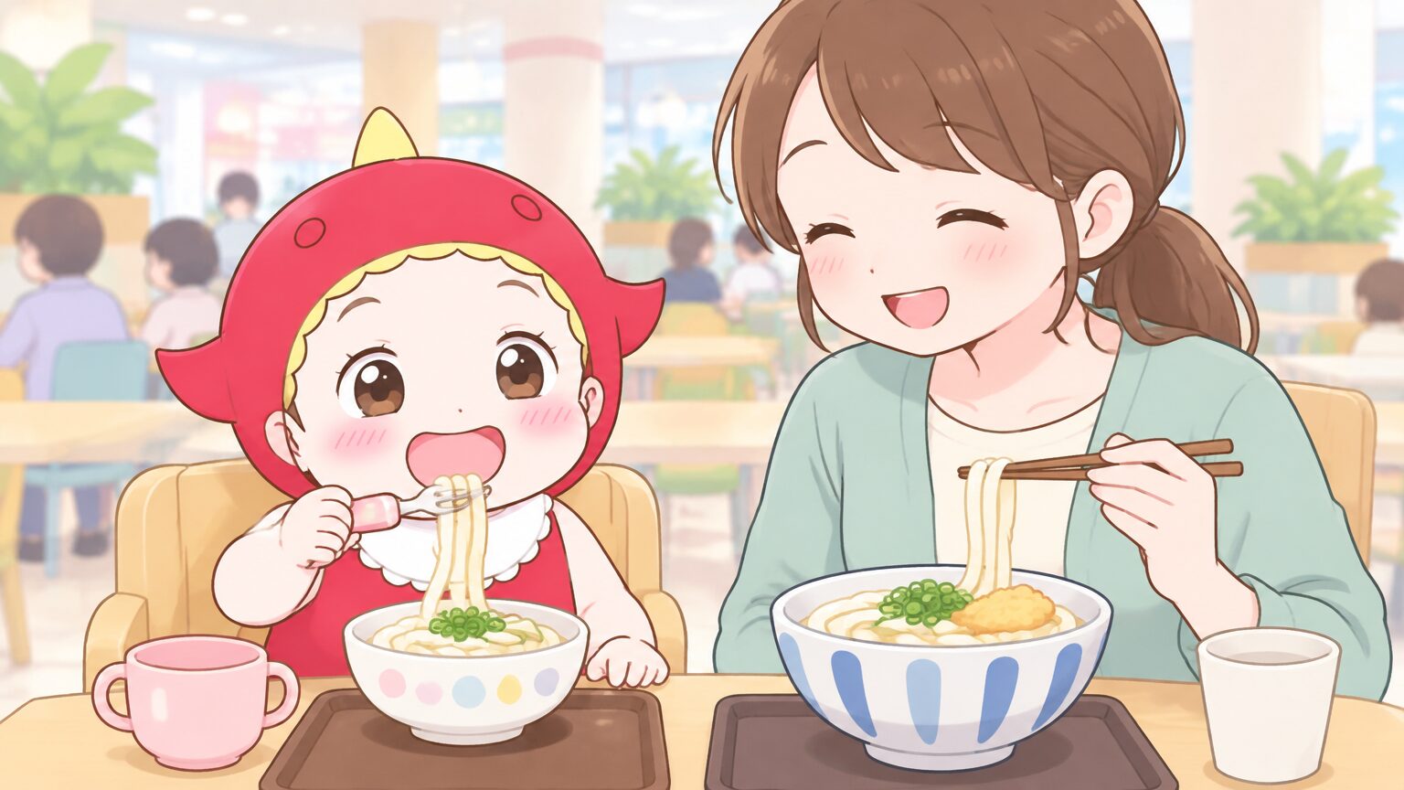 フードコートのテーブル席でうどんを食べる幼児と笑顔の母親