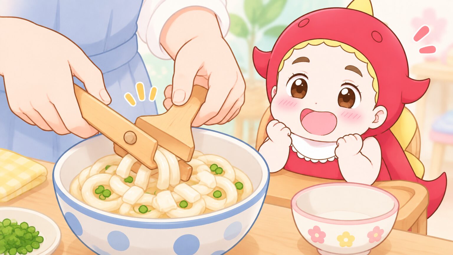 木製のうどんカッターで麺を短く切る親の手元アップ