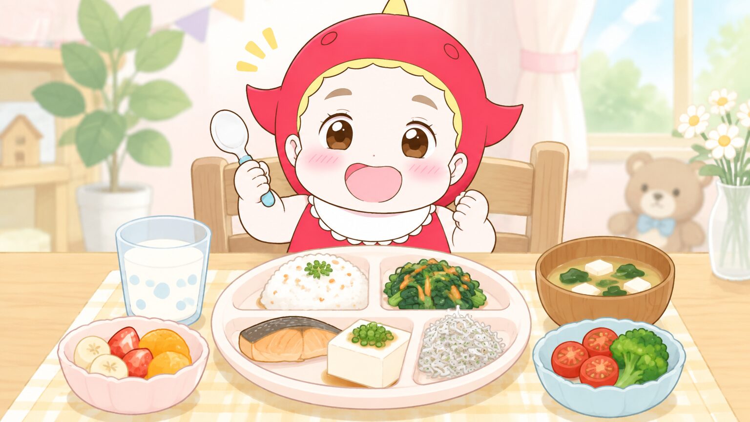 木製のダイニングテーブルに並んだ牛乳、しらす、小松菜、豆腐など彩り豊かな幼児食のワンプレート