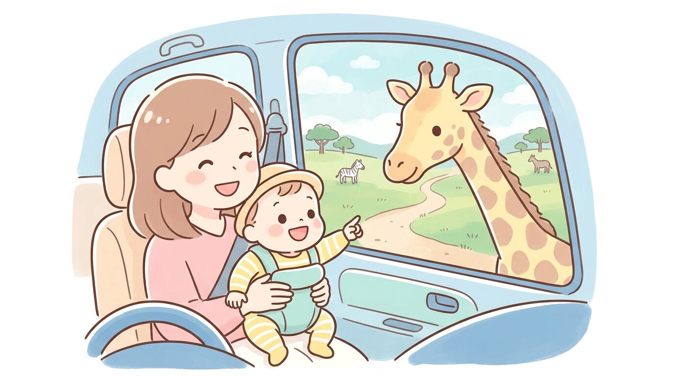 サファリパークの車内からキリンを見つめる笑顔の赤ちゃんと母親