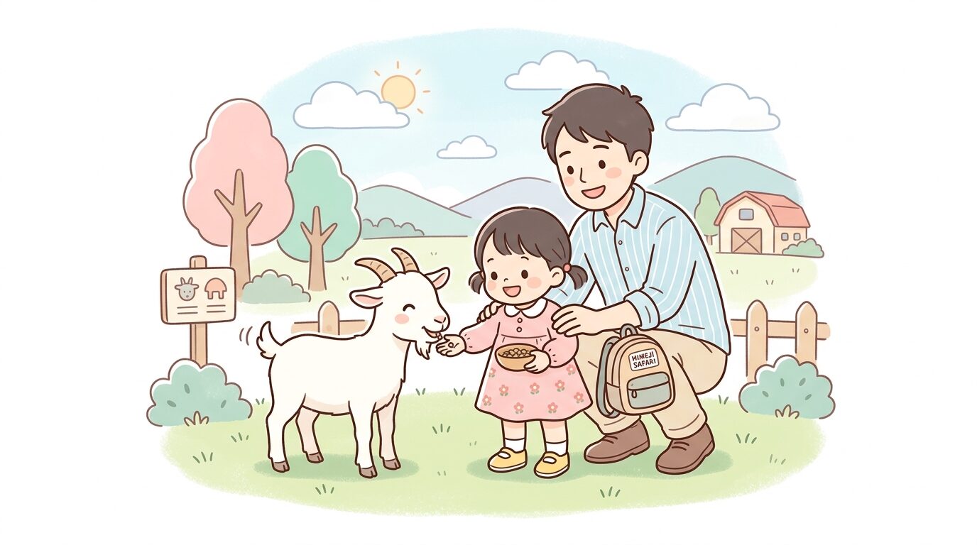 ふれあい広場でヤギに餌をあげる2歳くらいの子どもと見守る父親