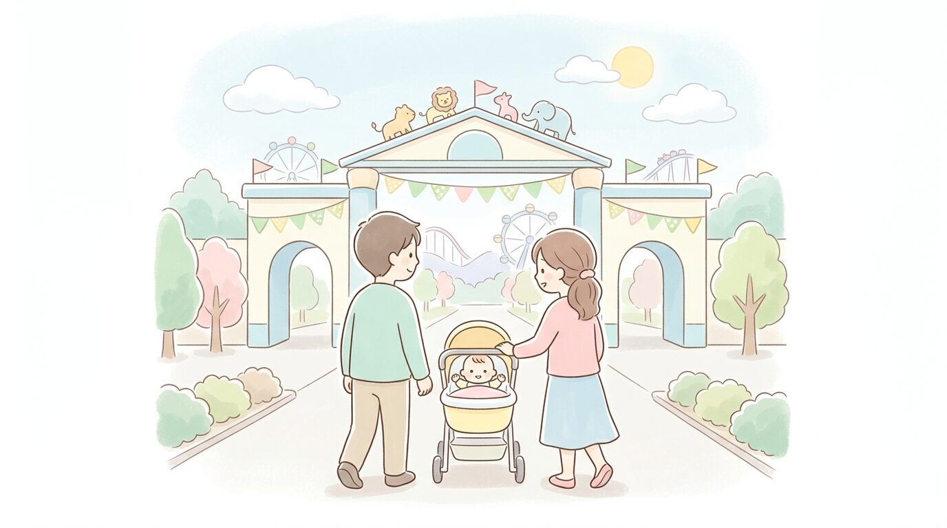 姫路セントラルパークの入園ゲート前でベビーカーを押す家族連れの後ろ姿