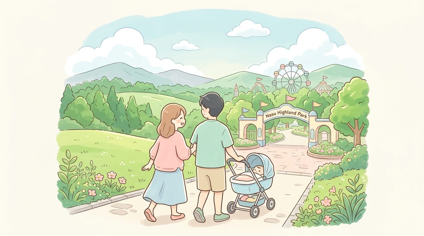那須の緑豊かな高原に広がる遊園地の入り口で、ベビーカーを押す家族連れの後ろ姿